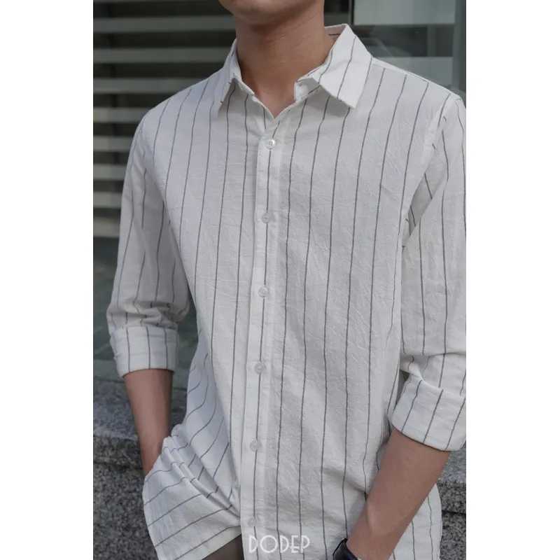 Ảnh DODEP Áo sơmi nam linen cotton tay dài kẻ sọc relaxed fit 4