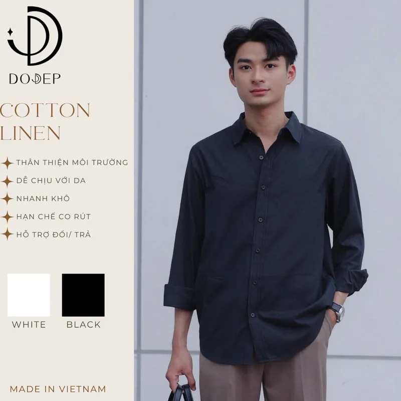 Ảnh DODEP Áo sơmi nam linen Ý tay dài màu trắng, đen 1