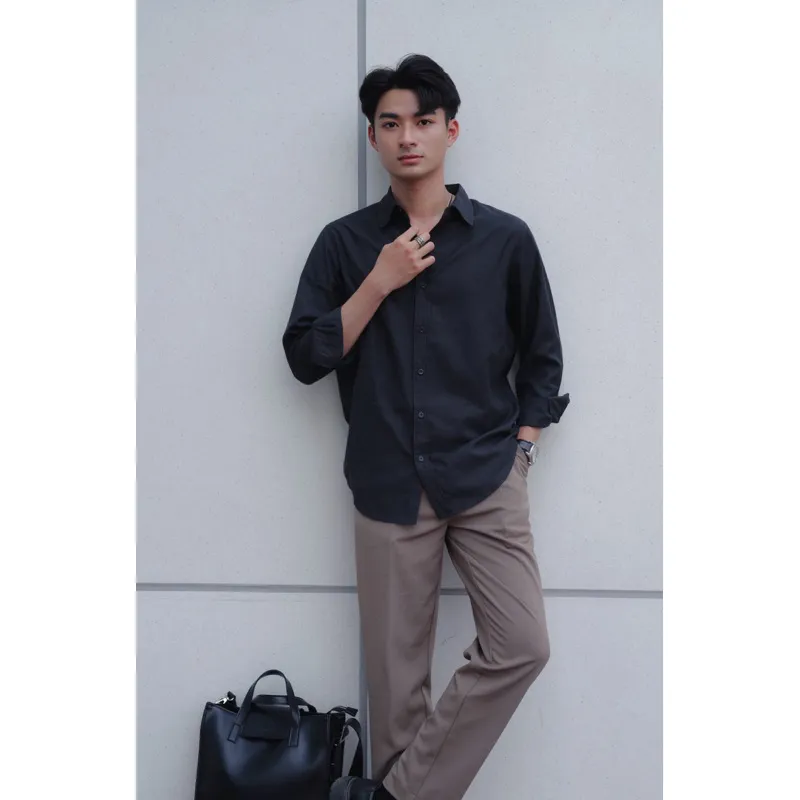Ảnh DODEP Áo sơmi nam linen Ý tay dài màu trắng, đen 2