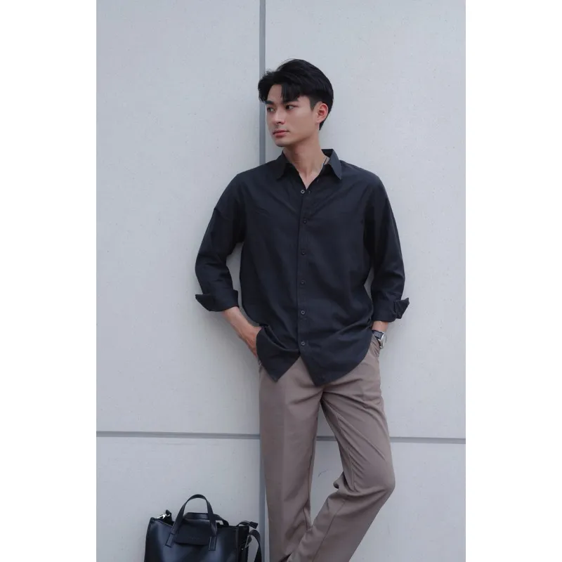 Ảnh DODEP Áo sơmi nam linen Ý tay dài màu trắng, đen 3
