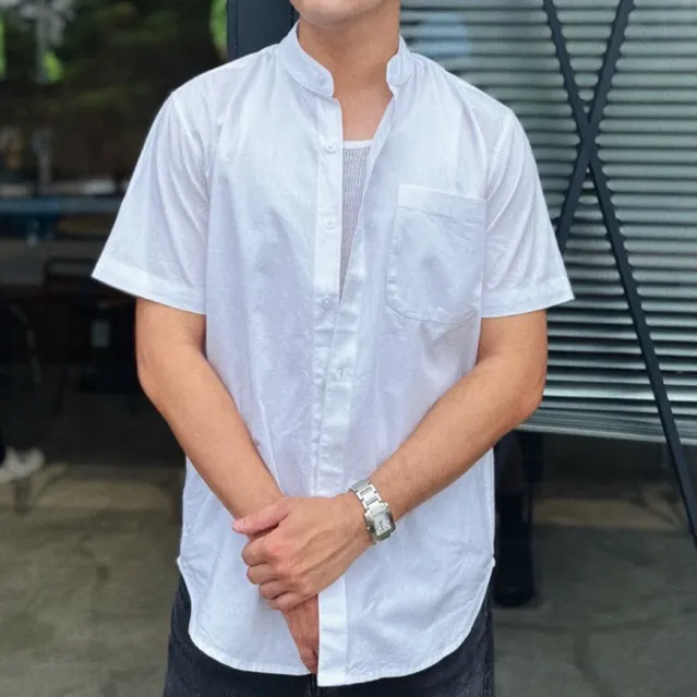 Ảnh DODEP Áo sơmi nam tay ngắn cổ trụ màu trắng 1