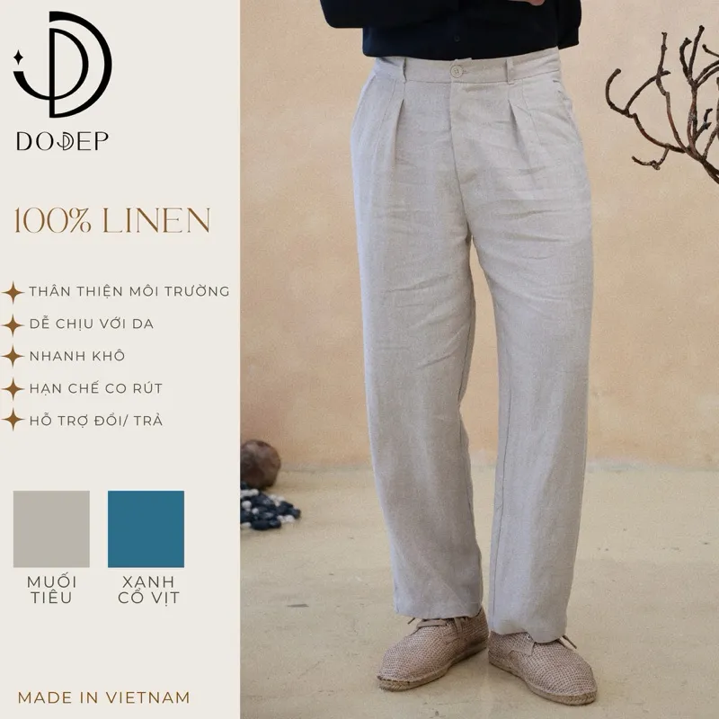 Ảnh DODEP Quần dài nam 100% linen premium xếp ly màu muối tiêu, xanh cổ vịt 1