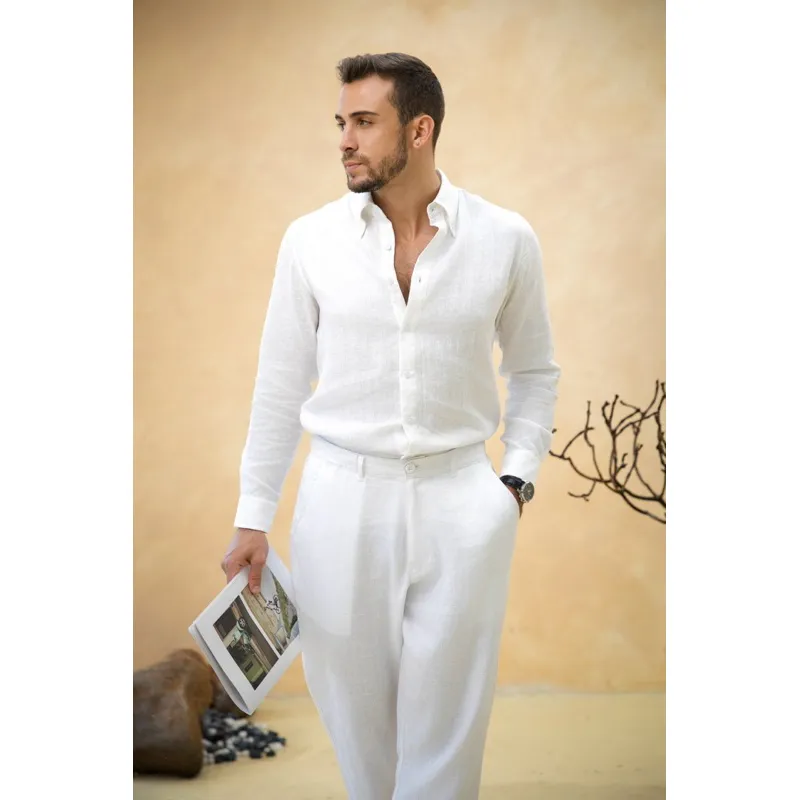 Ảnh DODEP Quần dài nam 100% linen premium màu trắng, đen, navy form relaxed fit 2