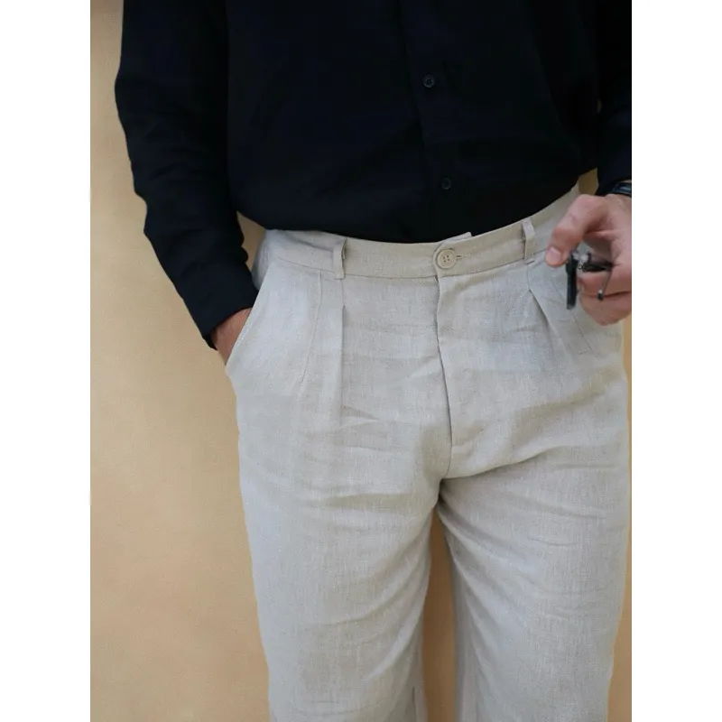 Ảnh DODEP Quần dài nam 100% linen premium xếp ly màu muối tiêu, xanh cổ vịt 3