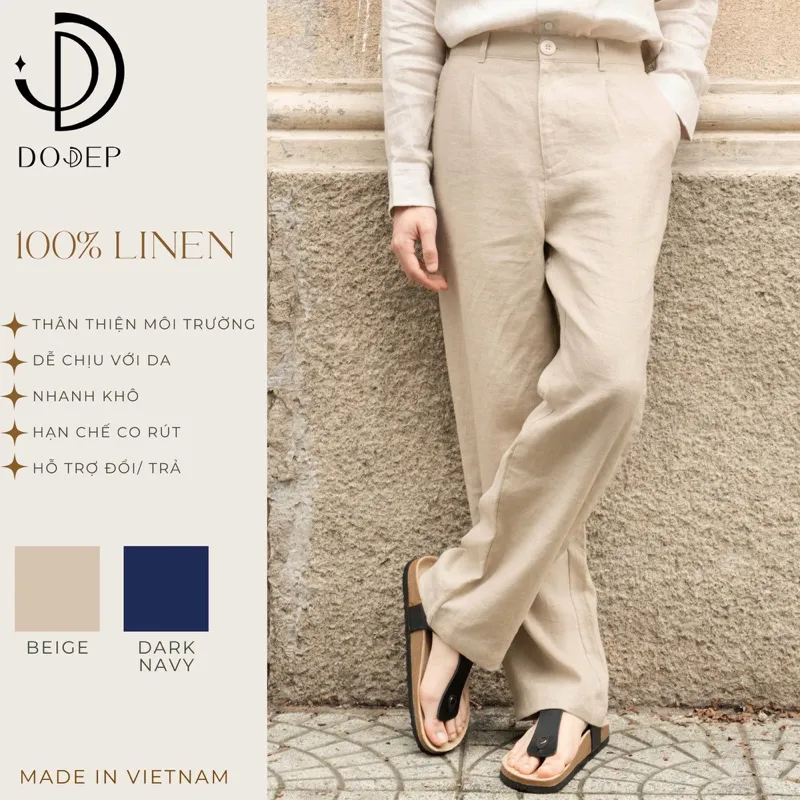 Ảnh DODEP Quần dài nam 100% linen premium xếp ly màu be, navy đậm 1