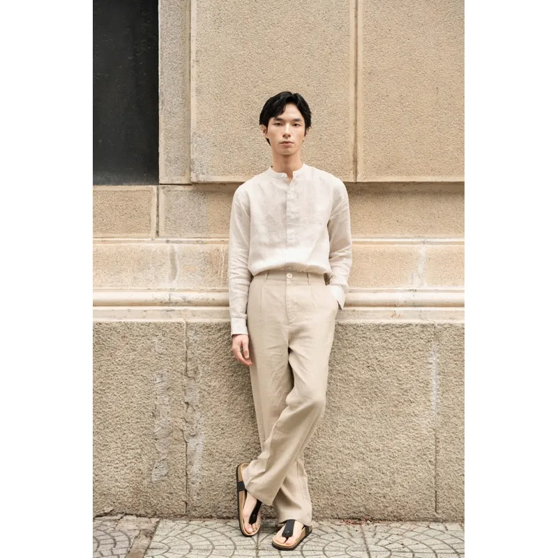 Ảnh DODEP Quần dài nam 100% linen premium xếp ly màu be, navy đậm 2