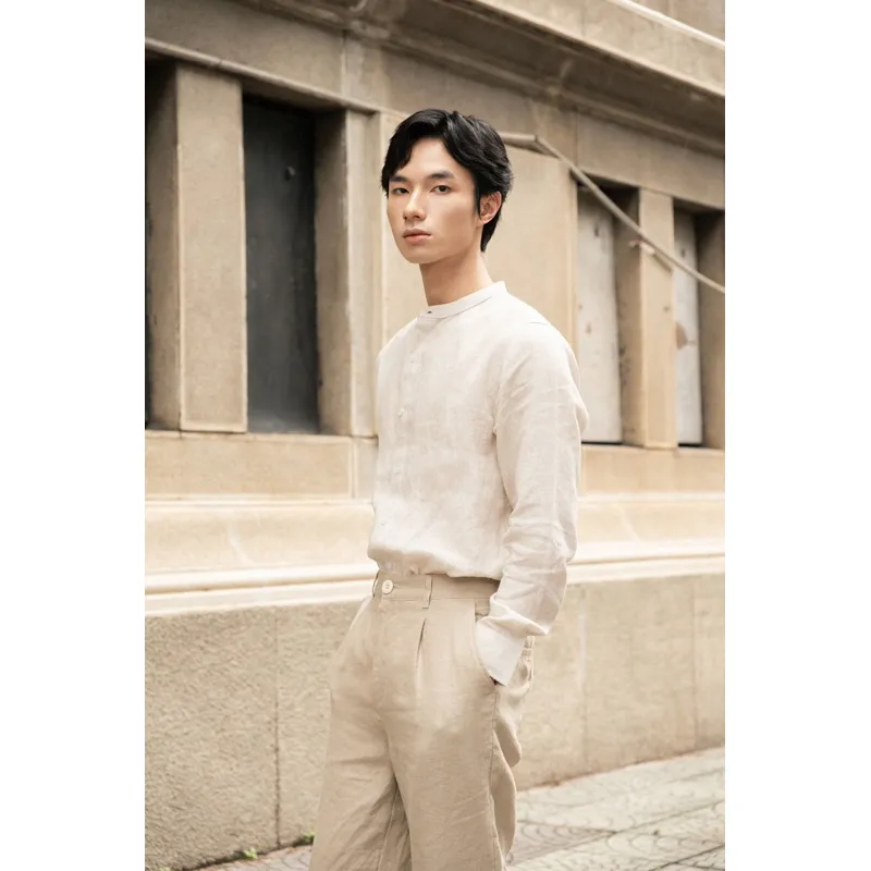Ảnh DODEP Quần dài nam 100% linen premium xếp ly màu be, navy đậm 3