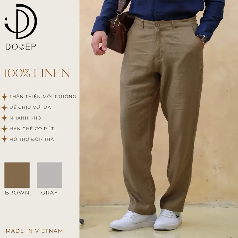 Ảnh DODEP Quần dài nam 100% linen premium màu Nâu Olive, Xám nhạt 1