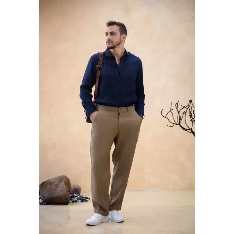 Ảnh DODEP Quần dài nam 100% linen premium màu Nâu Olive, Xám nhạt 2