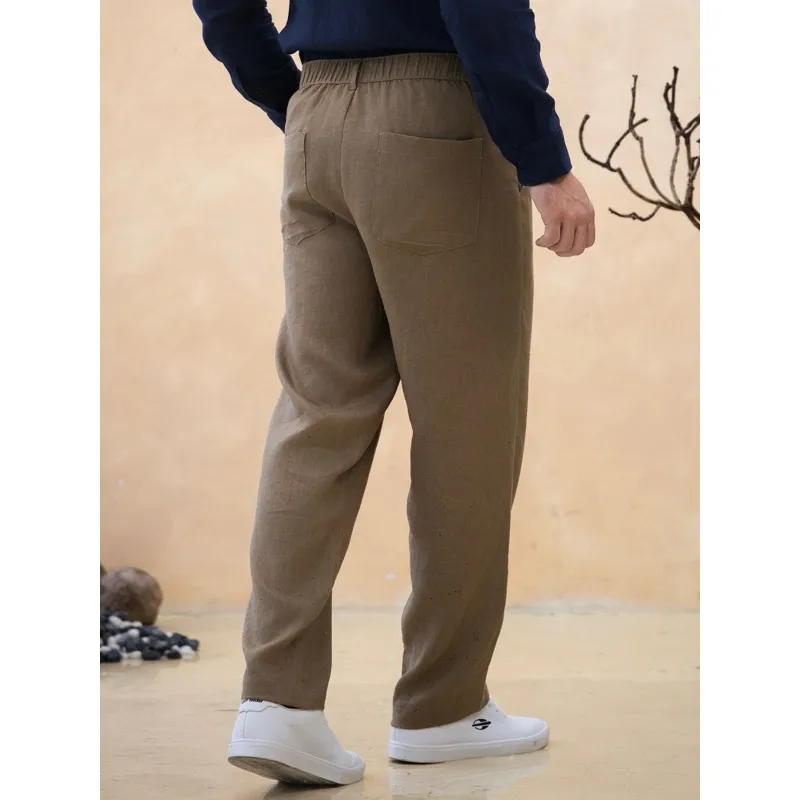 Ảnh DODEP Quần dài nam 100% linen premium màu Nâu Olive, Xám nhạt 4