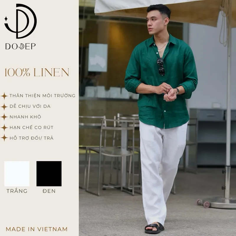 Ảnh DODEP Quần dài nam ống suông 100% linen premium màu trắng, đen 1