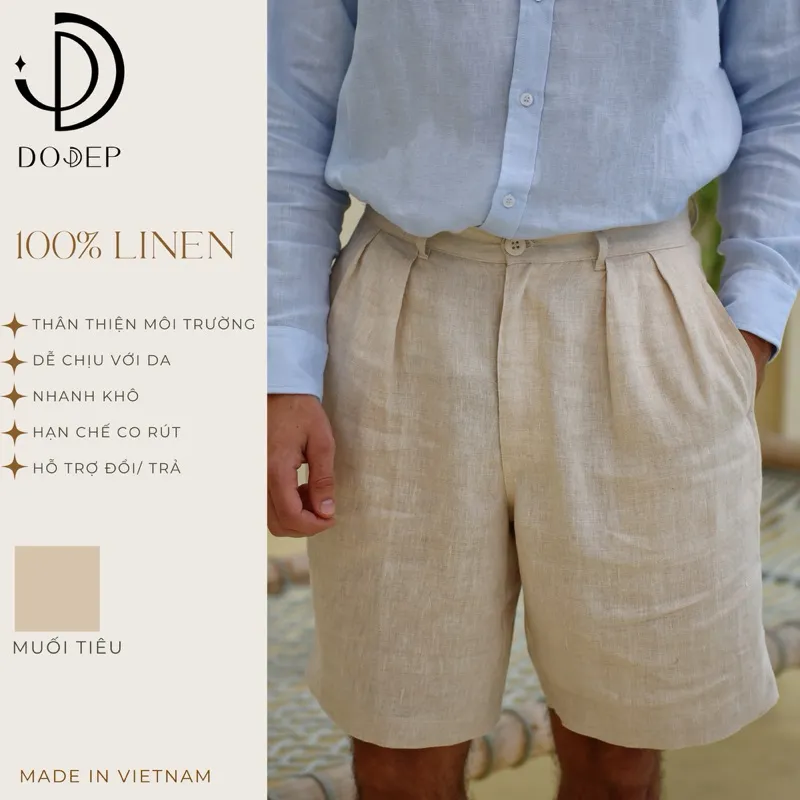 Ảnh DODEP Quần shorts đùi nam 100% linen premium xếp ly màu be 1