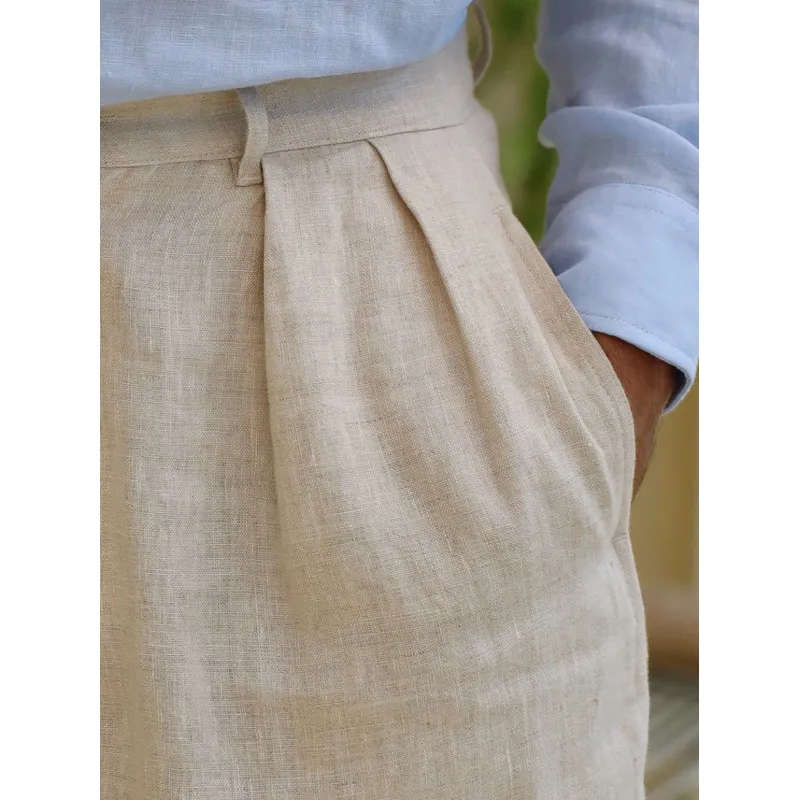 Ảnh DODEP Quần shorts đùi nam 100% linen premium xếp ly màu be 2