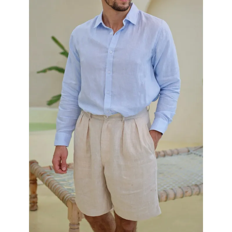 Ảnh DODEP Quần shorts đùi nam 100% linen premium xếp ly màu be 3