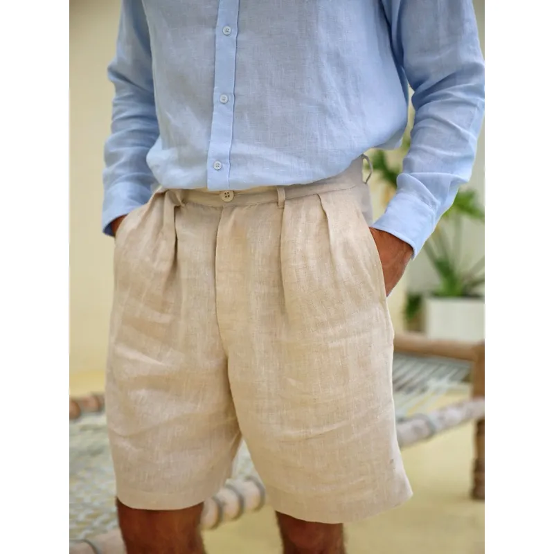 Ảnh DODEP Quần shorts đùi nam 100% linen premium xếp ly màu be 4