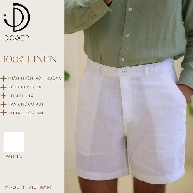 Ảnh DODEP Quần shorts đùi nam 100% linen premium màu trắng 1