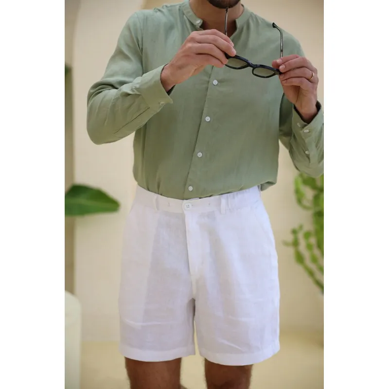 Ảnh DODEP Quần shorts đùi nam 100% linen premium màu trắng 2