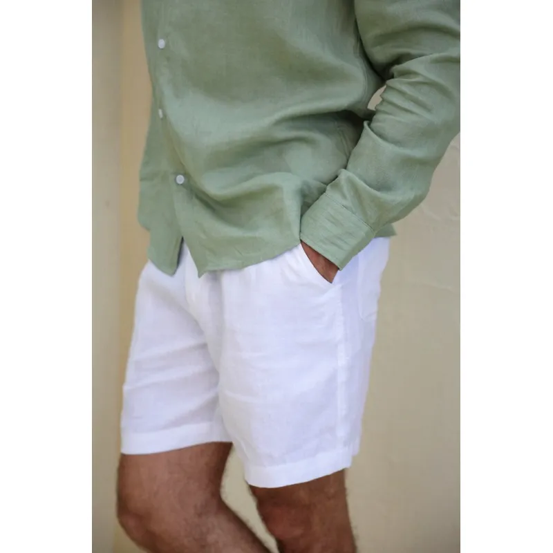 Ảnh DODEP Quần shorts đùi nam 100% linen premium màu trắng 3