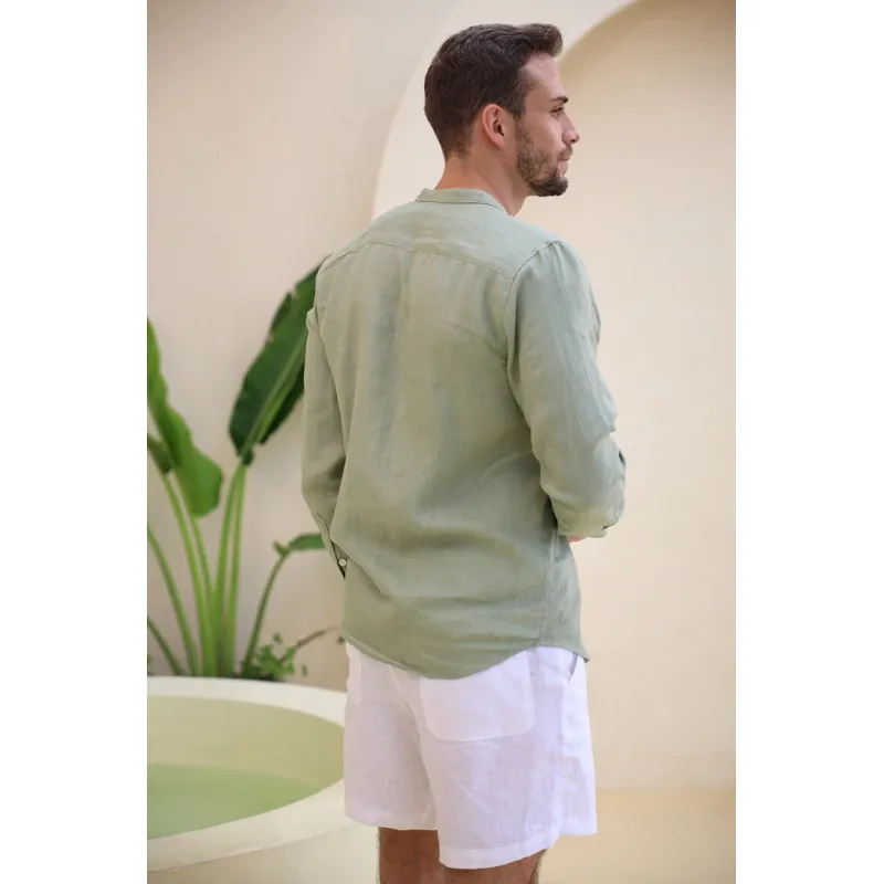 Ảnh DODEP Quần shorts đùi nam 100% linen premium màu trắng 4