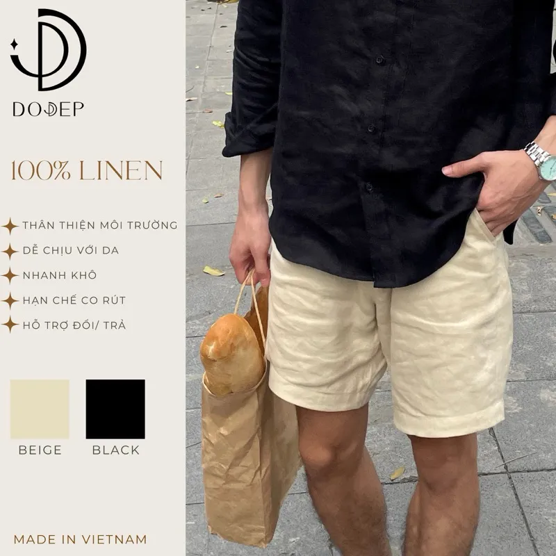 Ảnh DODEP Quần shorts đùi nam linen relaxed fit màu be, đen 1