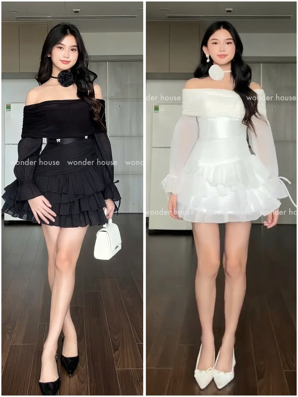 Ảnh Dolly Dress Wonderhouse Đầm trễ vai tay dài dáng xòe chất vải dày dặn dự tiệc dạo phố sang trọng, nữ tính 1