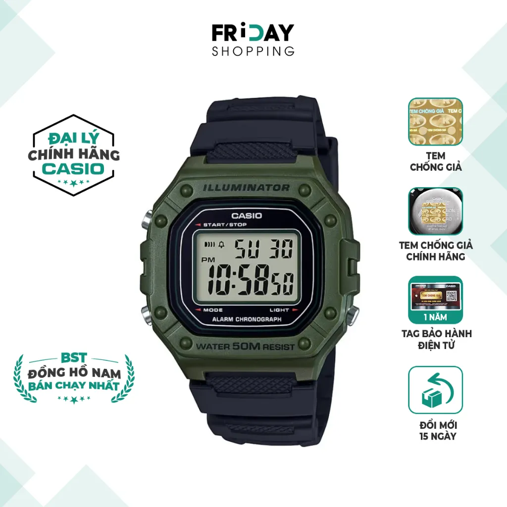 Ảnh Đồng Hồ Casio Nam Điện Tử W-218H-3AVDF Mặt Vuông Dây Cao Su Chính Hãng 1