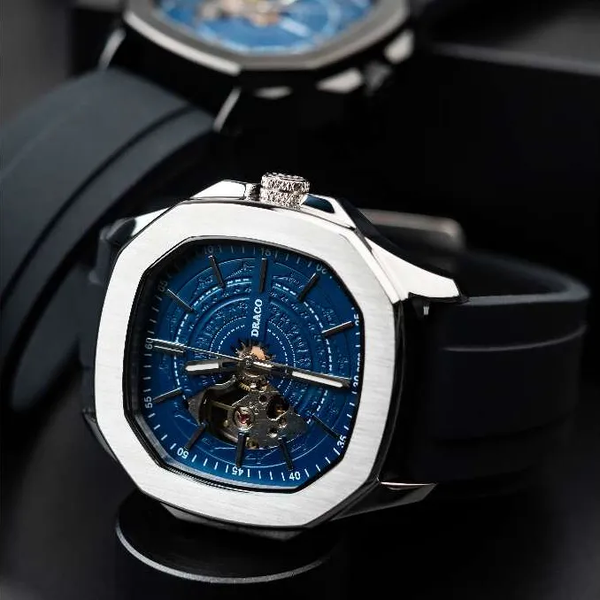 Ảnh Đồng hồ nam Draco D23-DS68 “DongSon” Automatic trắng đen dây cao su non cao cấp màu đen 3