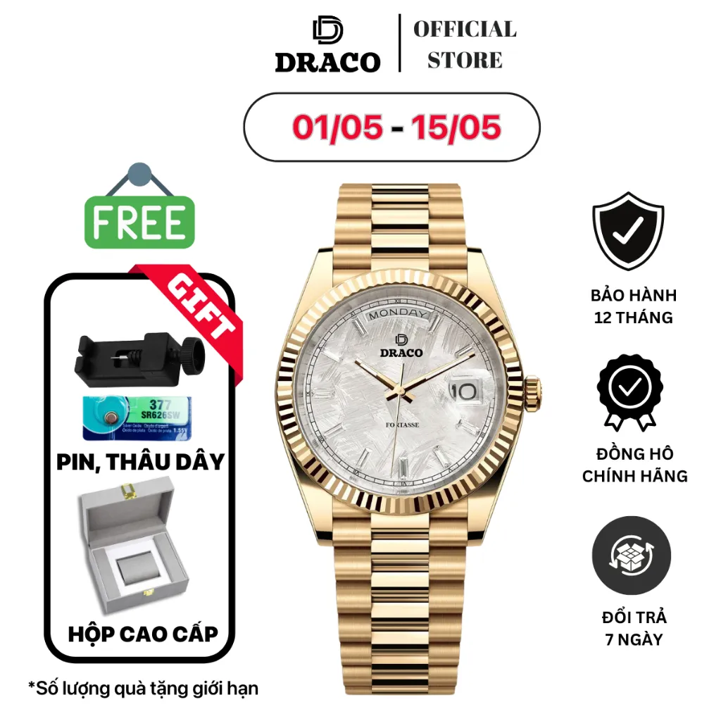 Ảnh Đồng Hồ Nam - Thương Hiệu Việt Draco D24-FT09 Fortasse VÀNG, đồng hồ nam đẹp 1