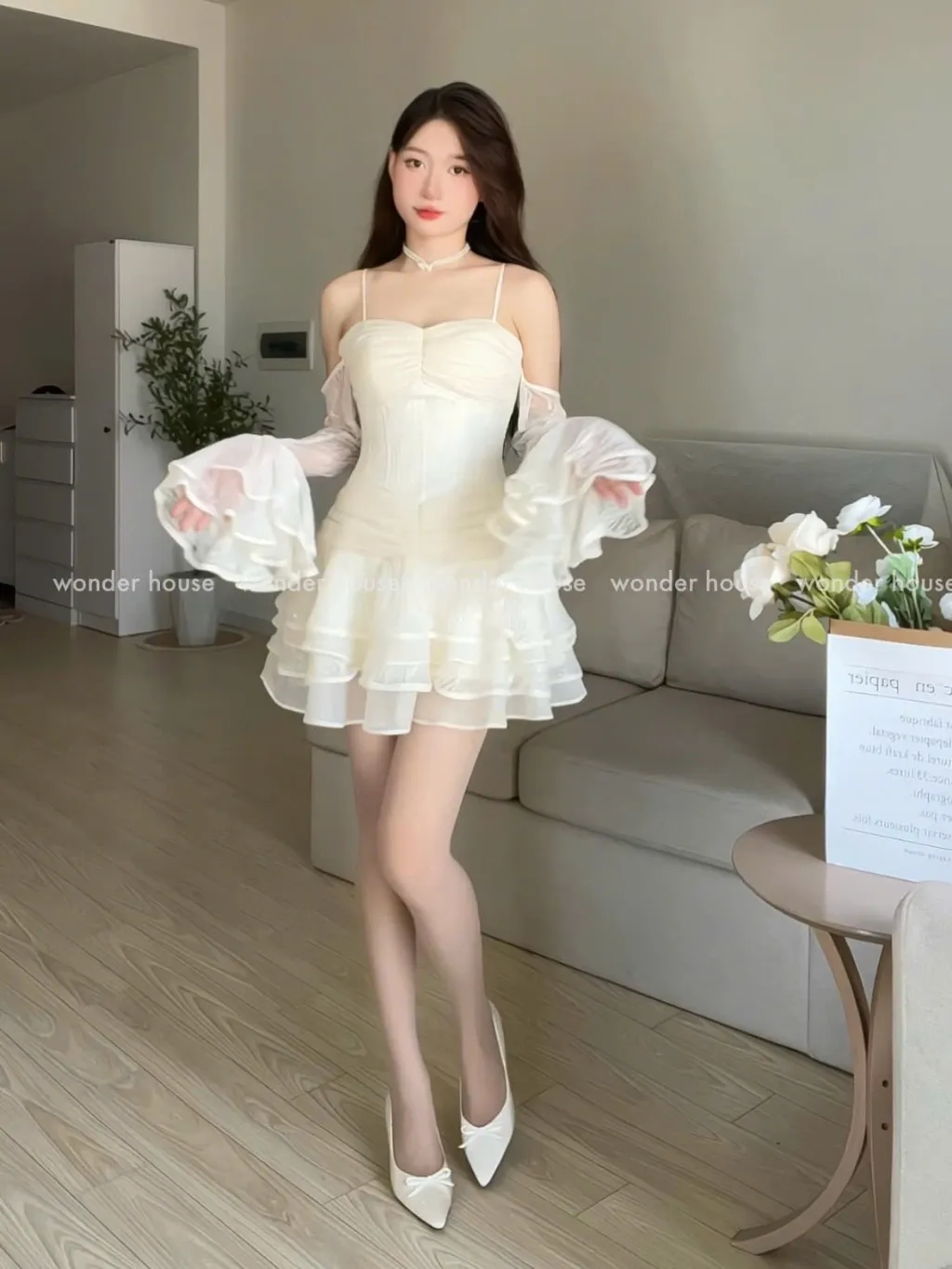 Ảnh Dora Dress Wonderhouse Đầm thiết kế dây tay dài dáng xòe chất vải ren họa tiết dự tiệc,dạo phố sang trọng nữ tính 1
