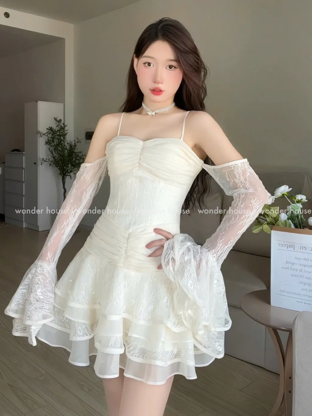 Ảnh Dora Dress Wonderhouse Đầm thiết kế dây tay dài dáng xòe chất vải ren họa tiết dự tiệc,dạo phố sang trọng nữ tính 2