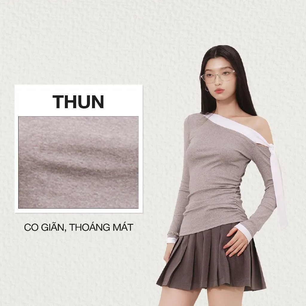 Ảnh DOTTIE - Áo lệch vai phối bản đô - Xám - T1069 1
