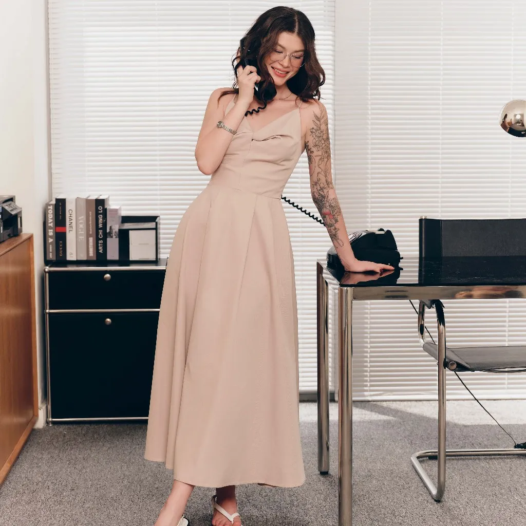 Ảnh DOTTIE - Đầm midi xoắn ngực - Beige - D0701 3