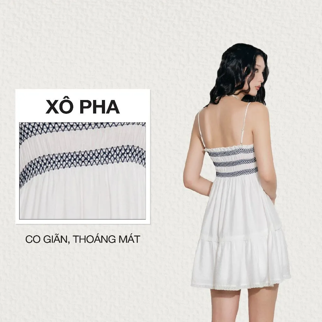 Ảnh DOTTIE - Đầm ngắn chạy smocking trang trí - Trắng - D0697 1