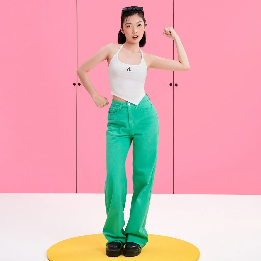 Ảnh DOTTIE - Quần jeans dài ống rộng nữ - Xanh lá - Q0282 1