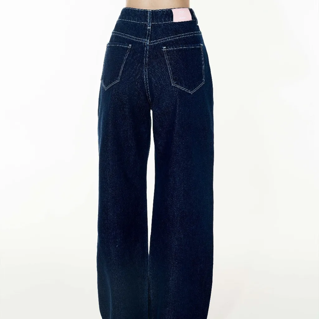 Ảnh DOTTIE - Quần Jeans ống suông chạy chỉ nổi - Xanh Dương Đậm - Q0365 1