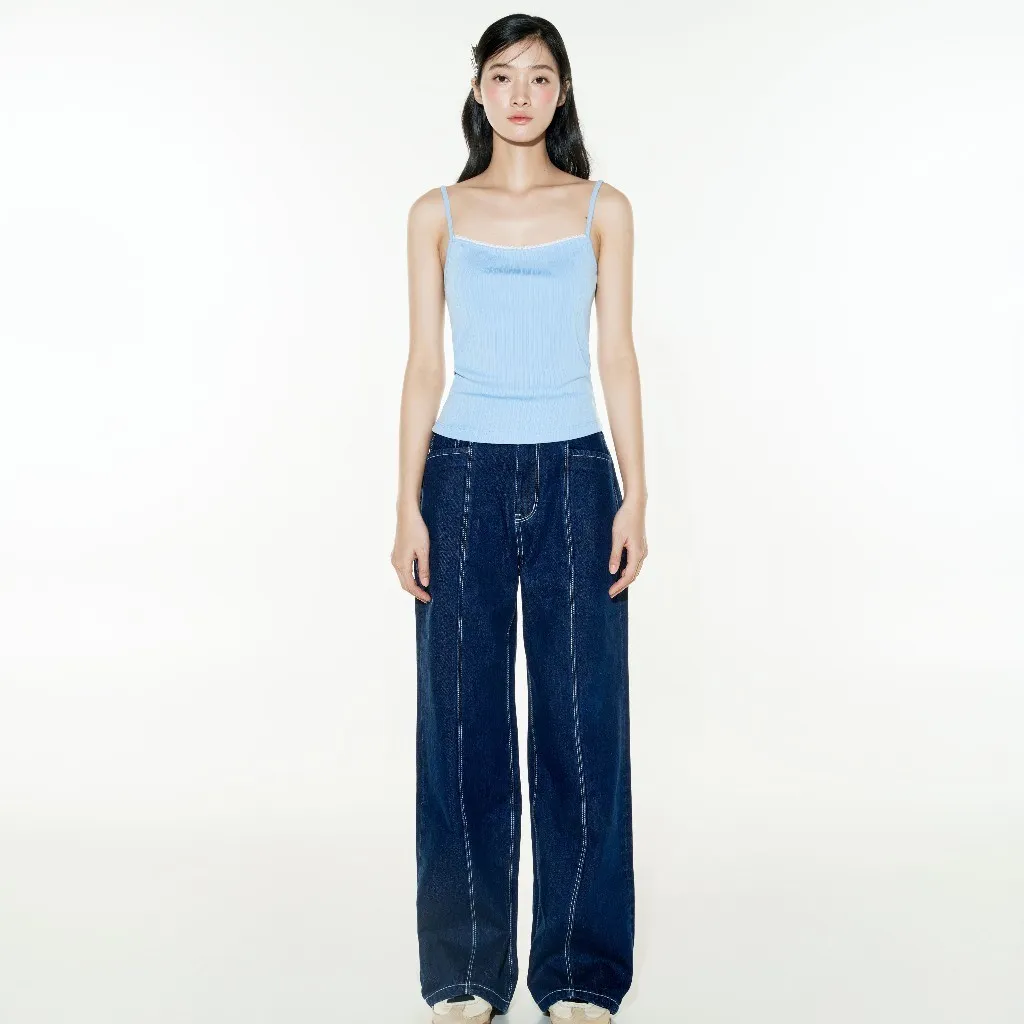Ảnh DOTTIE - Quần Jeans ống suông chạy chỉ nổi - Xanh Dương Đậm - Q0365 3