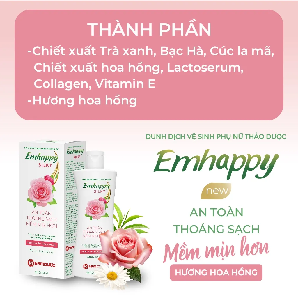 Ảnh Dung dịch vệ sinh phụ nữ Emhappy Silky Nam Dược hương hoa hồng chai 120ml 2