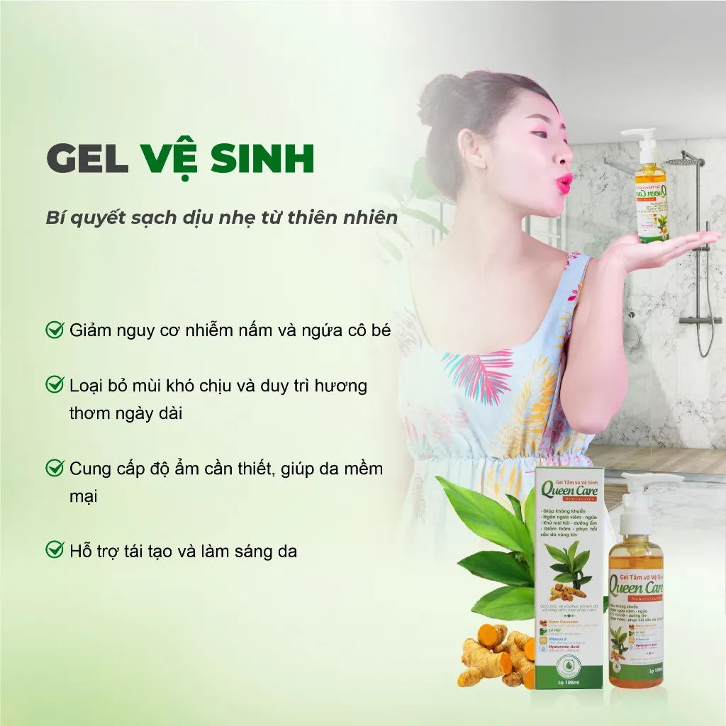 Ảnh Dung dịch vệ sinh phụ nữ gel nano nghệ tươi Queen Care dung tích 105ml - Giảm nấm ngứa, mùi hôi 3