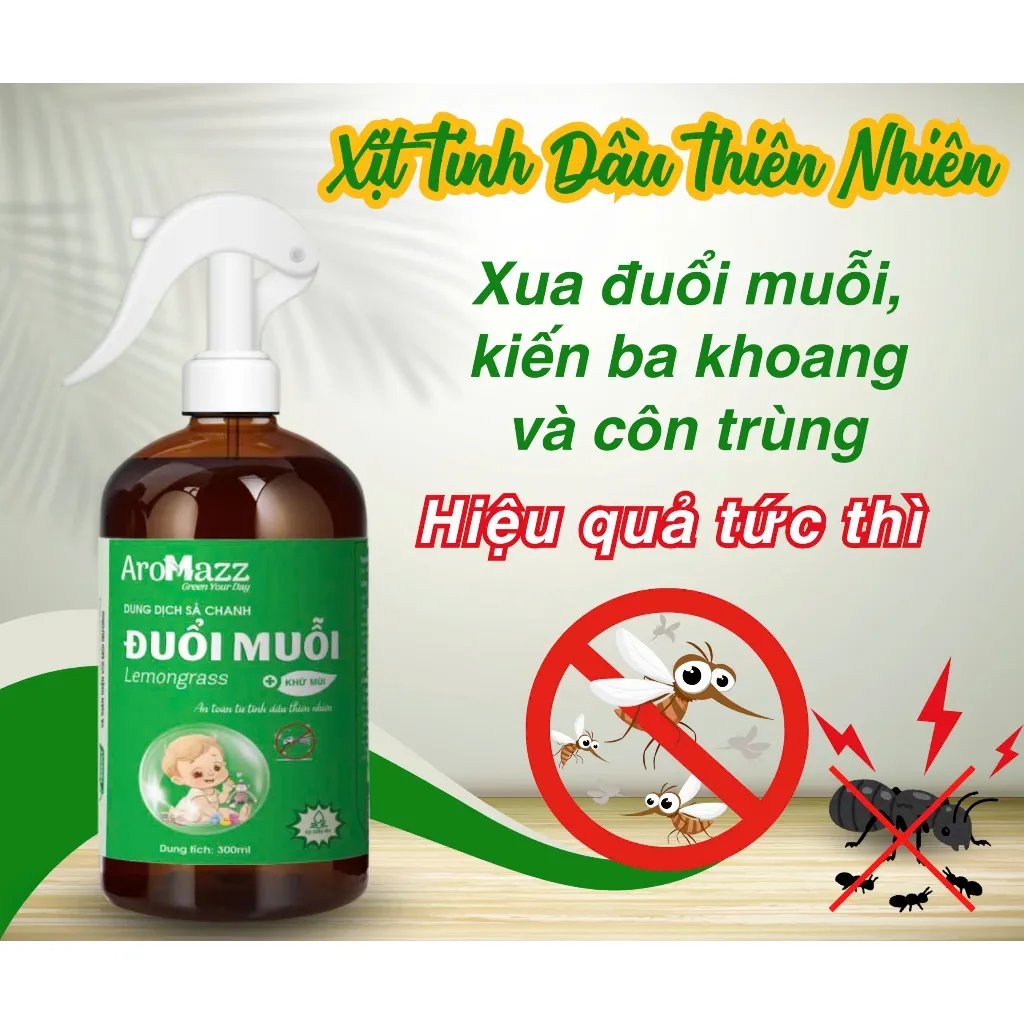 Ảnh Đuổi Muỗi Từ Tinh Dầu Sả Chanh AroMazz Xua Đuổi Côn Trùng-Kiến Ba Khoang-Khử Mùi Chai Lớn 300ml 2