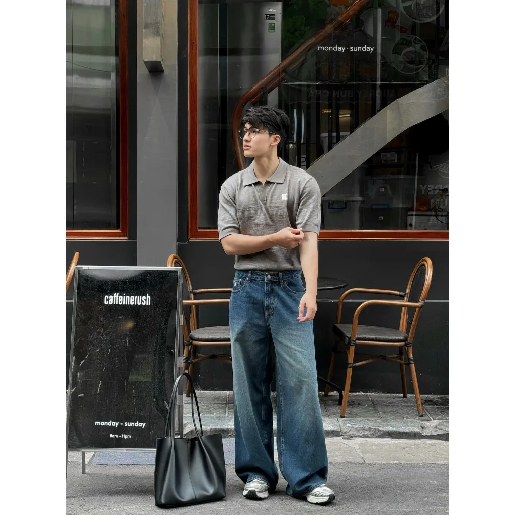 Ảnh DVRK - Áo Polo Dệt Kim Unisex Phối Họa Tiết Pointelle Màu Xám -DVRK-24SS 3