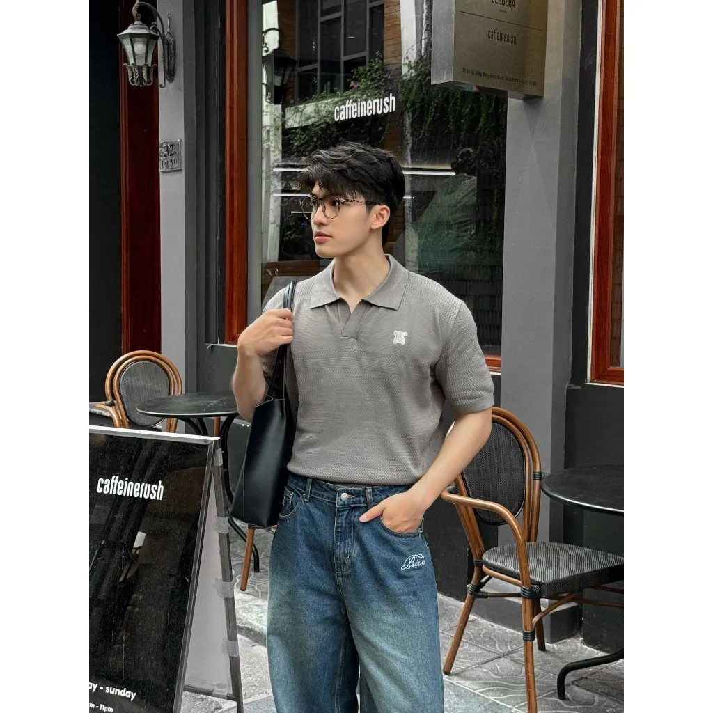 Ảnh DVRK - Áo Polo Dệt Kim Unisex Phối Họa Tiết Pointelle Màu Xám -DVRK-24SS 4