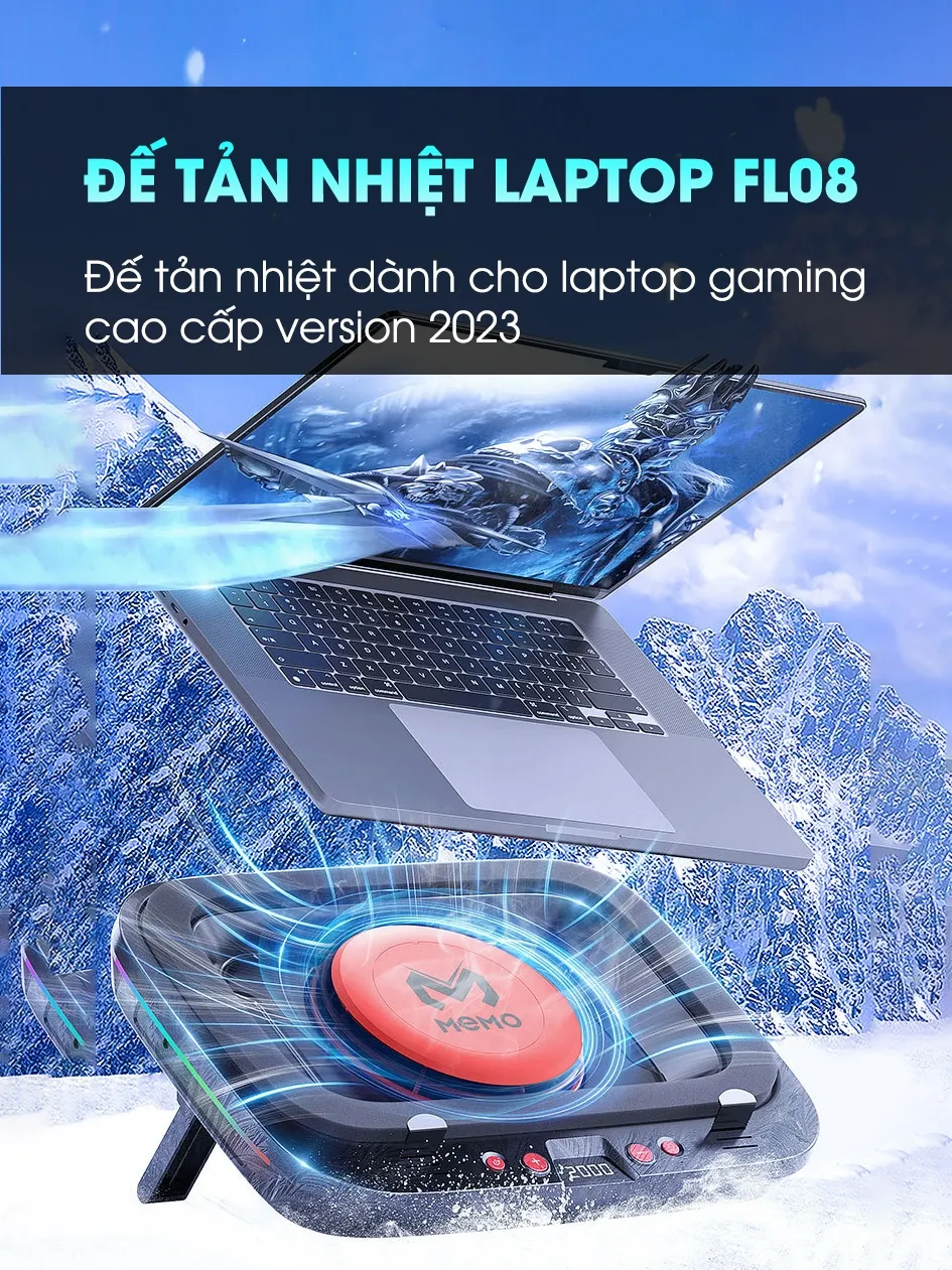 Ảnh Đế tản nhiệt laptop gaming MEMO FL08 hơn 15 chế độ gió 7 mức điều chỉnh độ cao tăng fps máy tính chiến game LOL Valo 1