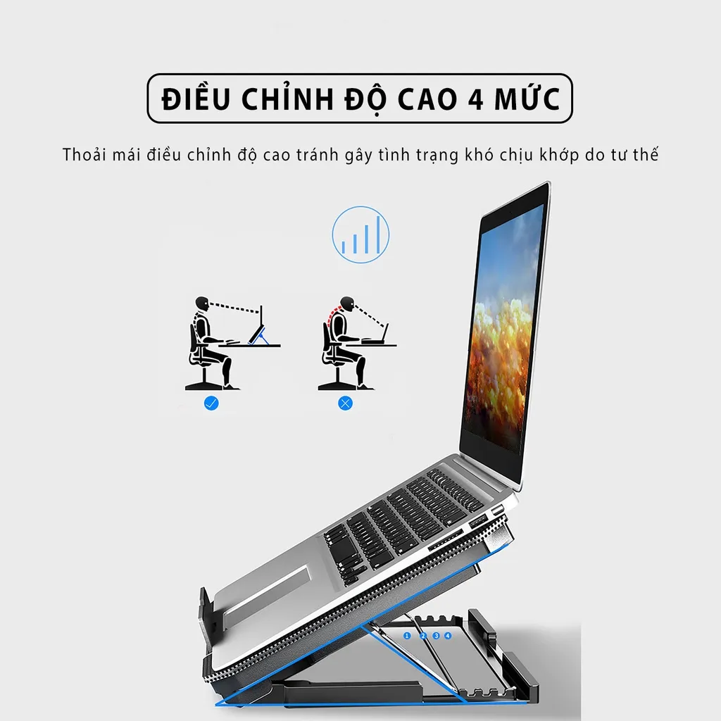Ảnh Đế tản nhiệt laptop máy tính bảng mcbook SIDOTECH Q100 làm mát nhanh đèn led gaming quạt chống ồn 4 mức chỉnh độ cao 3