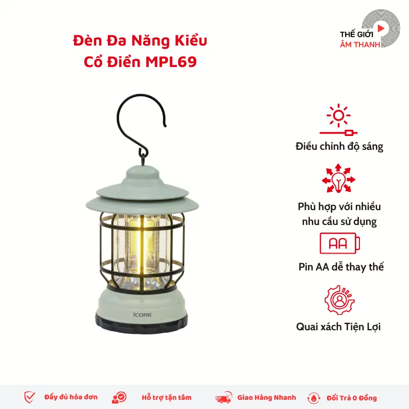 Ảnh Đèn Đa Năng cắm trại iCore MPL69 Camping Kiểu Cổ Điển dã ngoại chống nước pin AA - Hàng chính hãng 2