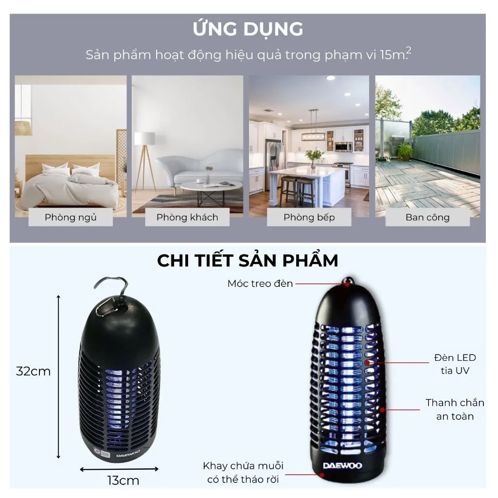 Ảnh Đèn bắt muỗi Daewoo ánh sáng xanh thu hút côn trùng DWIK-780 an toàn, công suất 6W, tiết kiệm điện năng, BH 1 năm 2
