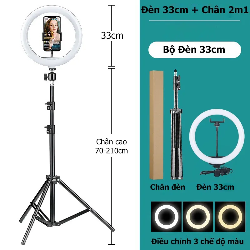 Ảnh Đèn Livestream Kèm Chân Đỡ Điện Thoại 2m1 Size 26cm 30cm 33cm 36cm 45cm 54cm, Đèn Led Livestream 3 Màu - HOLOCOM 2