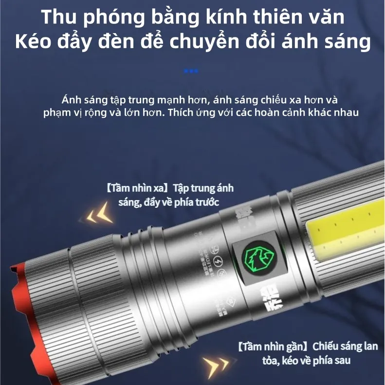 Ảnh Đèn pin siêu sáng  pin Lithium 7200mAh công suất lớn-có thể thu phóng bằng kính thiên văn - đèn LED hiển thị thông minh 4