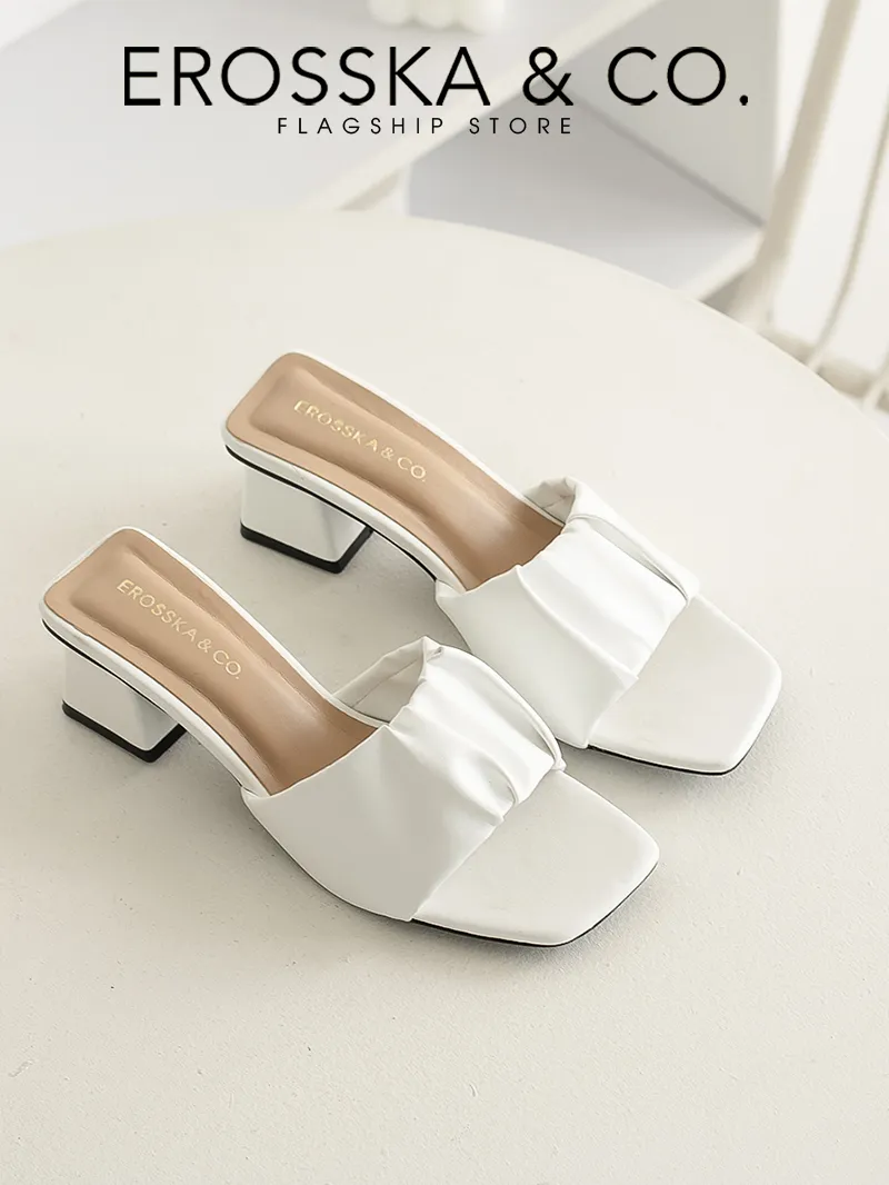Ảnh Erosska - Dép cao gót nữ mũi vuông quai ngang nhún sang trọng cao 5cm màu kem - EM099 2