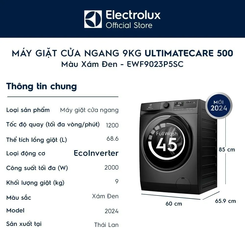 Ảnh Free giao lắp - Máy giặt cửa ngang Electrolux 9kg UltimateCare 500 - Xám đen Onyx EWF9023P5SC 4