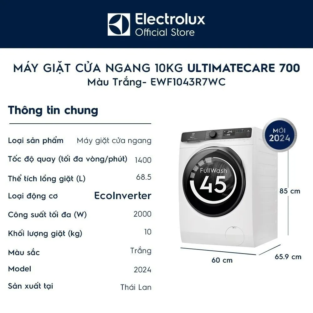 Ảnh Free giao lắp - Máy giặt cửa ngang Electrolux 10kg UltimateCare 700 - Trắng EWF1043R7WC 4